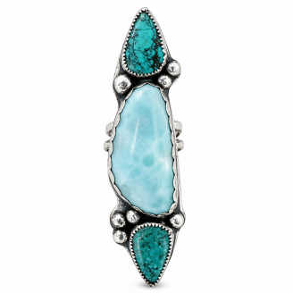 Handcrafted Sterling Silver, Turquoise & Larimar 3 Stone Statement Ring