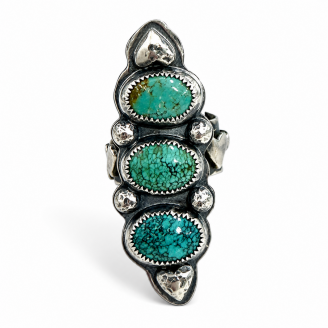 Hand Forged Sterling Silver Turquoise & Heart Triple Stone Ring Hand Forged Sterling Silver Turquoise & Heart Triple Stone Ring