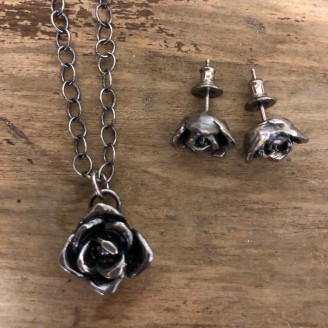 Hand Cast Sterling Silver Rose Necklace and Earrings Set