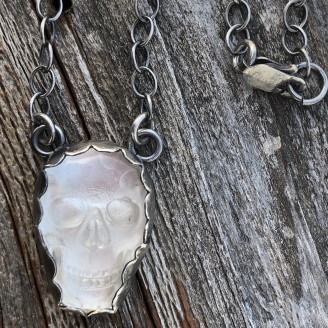 Carved Skull Quartz Crystal Sterling Silver Necklace